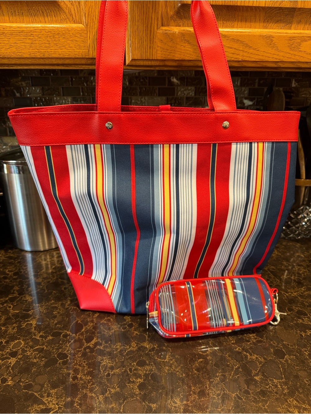 Lancôme Red Striped Tote Bag with Matching Pouch - Women's Beach & Everyday Tote
